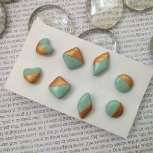 4 PAIR Geometric Stud Earrings in gold and aqua